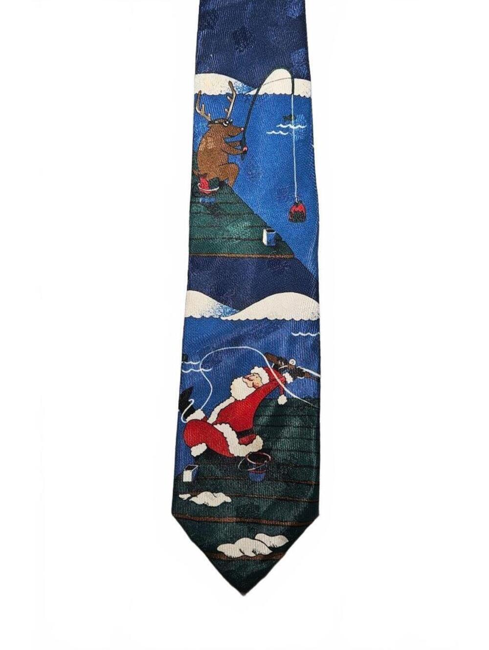 Vintage 90s Hallmark Santa Fishing Christmas Reindeer Tie